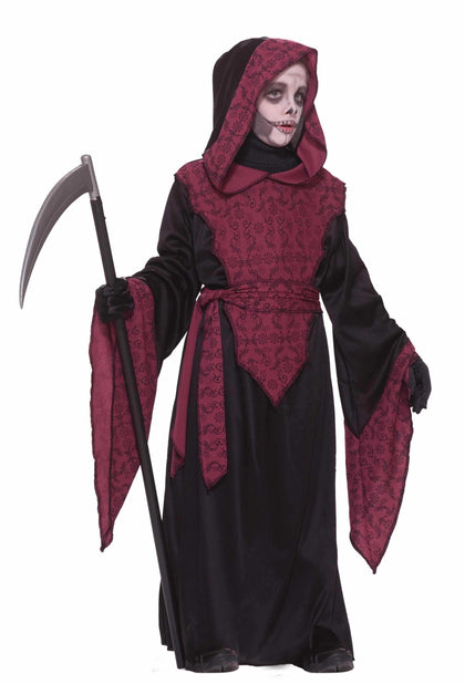 Black and wine colored hooded robe with print