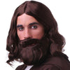 Brown shoulder length with beard & mustache