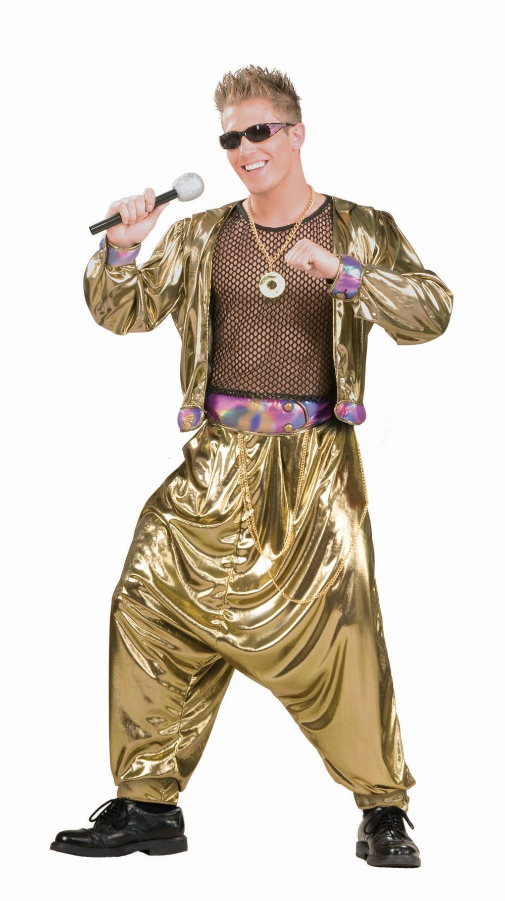 Black mesh shirt, gold shiny jacket and pants