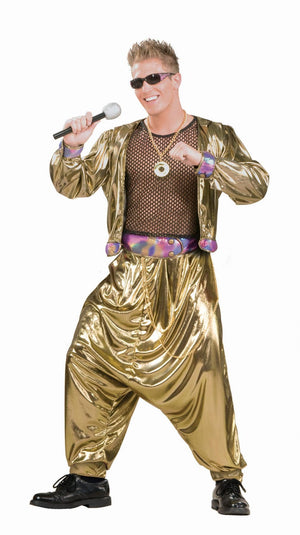 Black mesh shirt, gold shiny jacket and pants