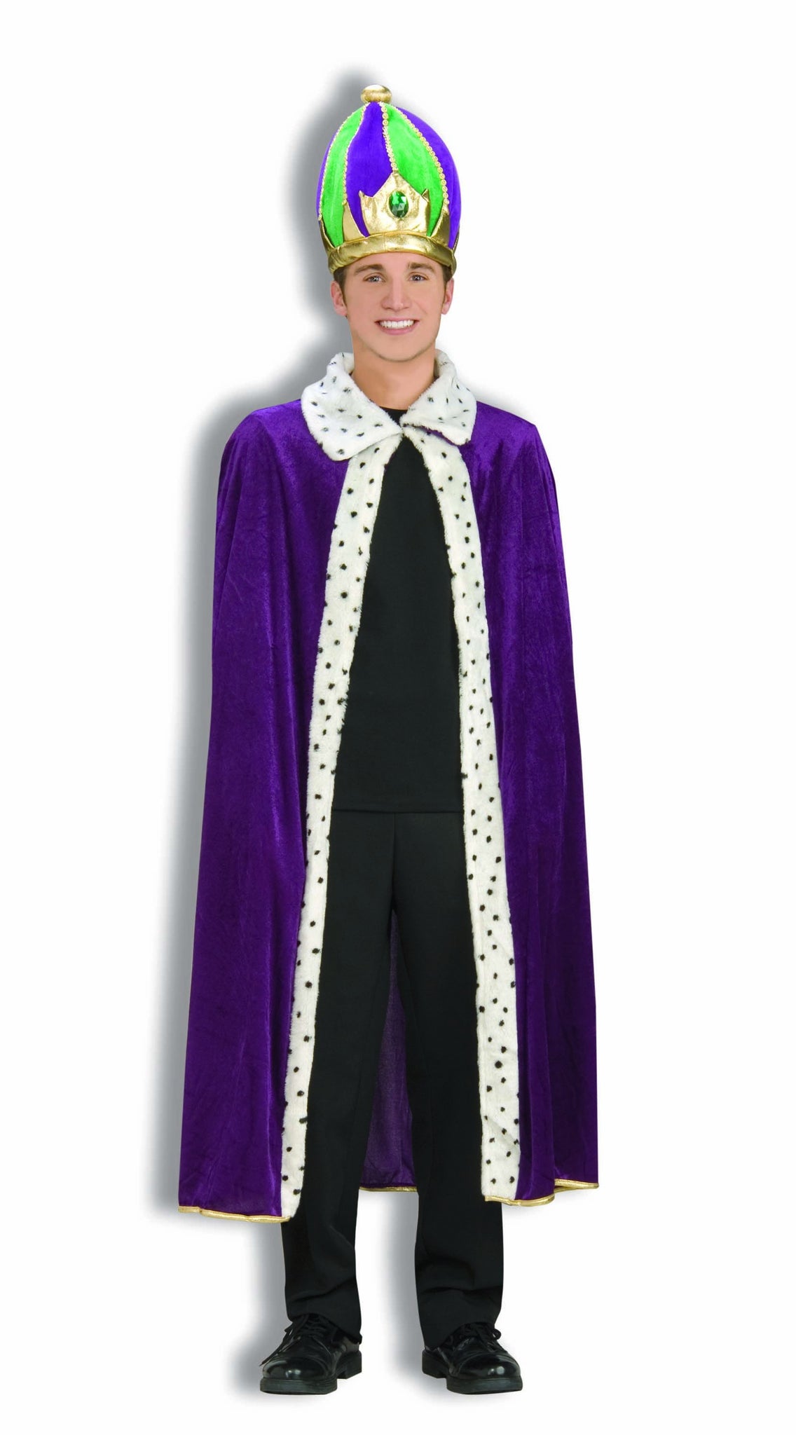 Purple robe, faux fur trimmed in white with black spots