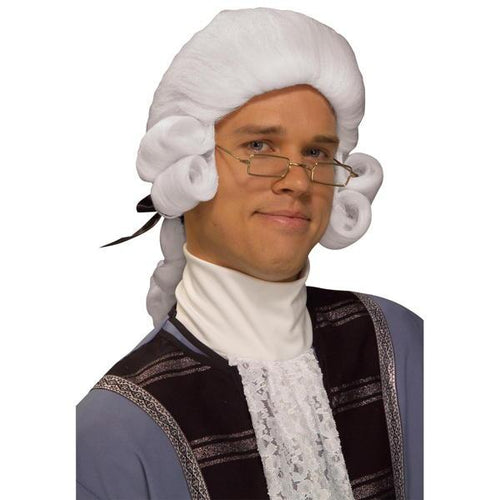 White wig with curls and tied ponytail
