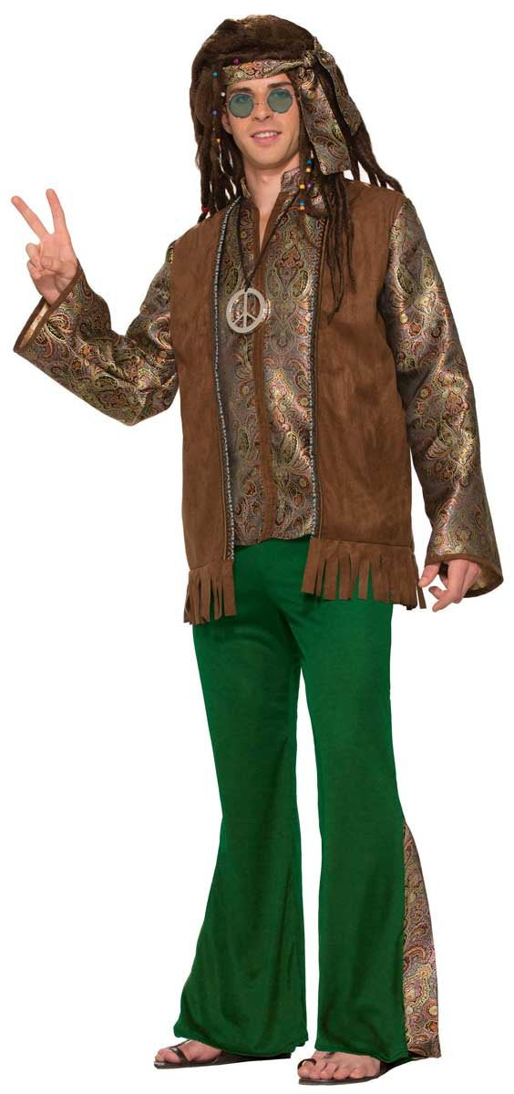 Shiny shirt, brown vest and green hippie pants