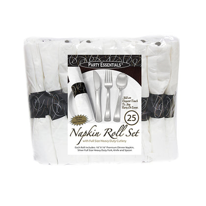 Napkin Rolls With Silver Cutlery 25ct | Fork, Knife, Spoon