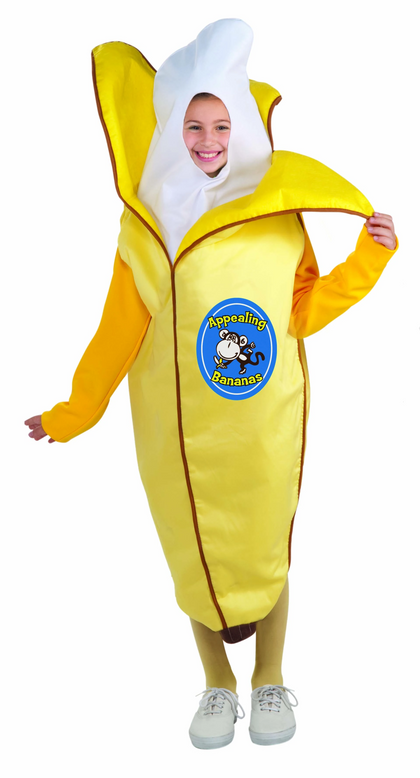 Yellow partially pealed banana with monkey sticker