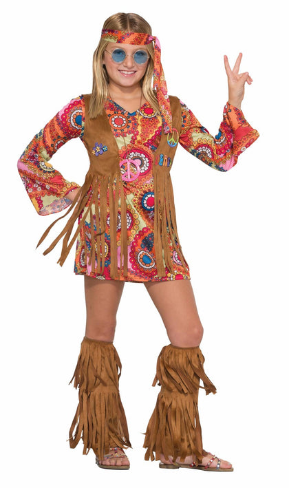 Colorful dress with brown vest and brown fringed leg covers