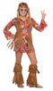 Colorful dress with brown vest and brown fringed leg covers