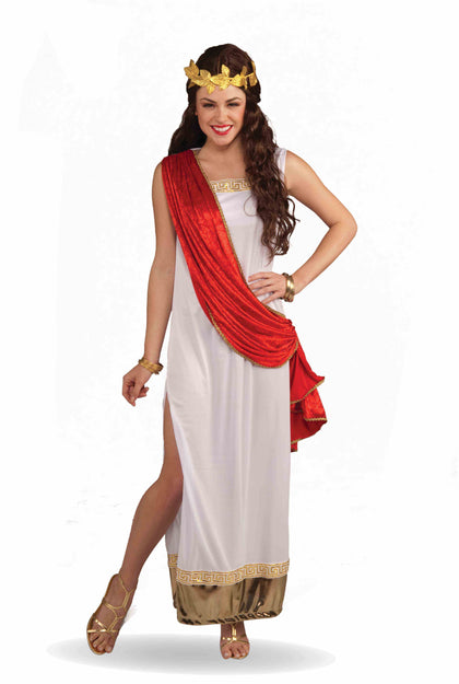 White dress with gold accents and red drape