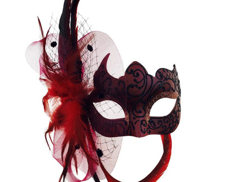 Side Veil and Feathers on Red Mask