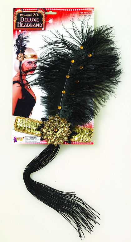 Gold and black flapper headband with feather