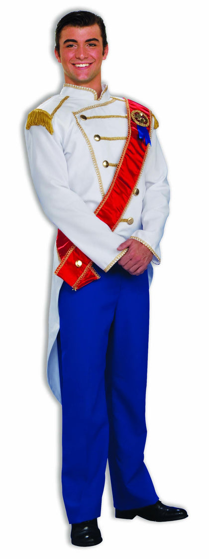 White and gold jacket, red sash and bright blue pants
