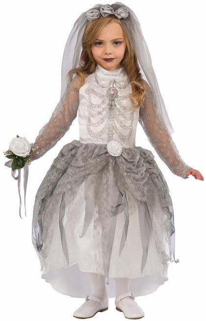 White and grey dress and veil headpiece