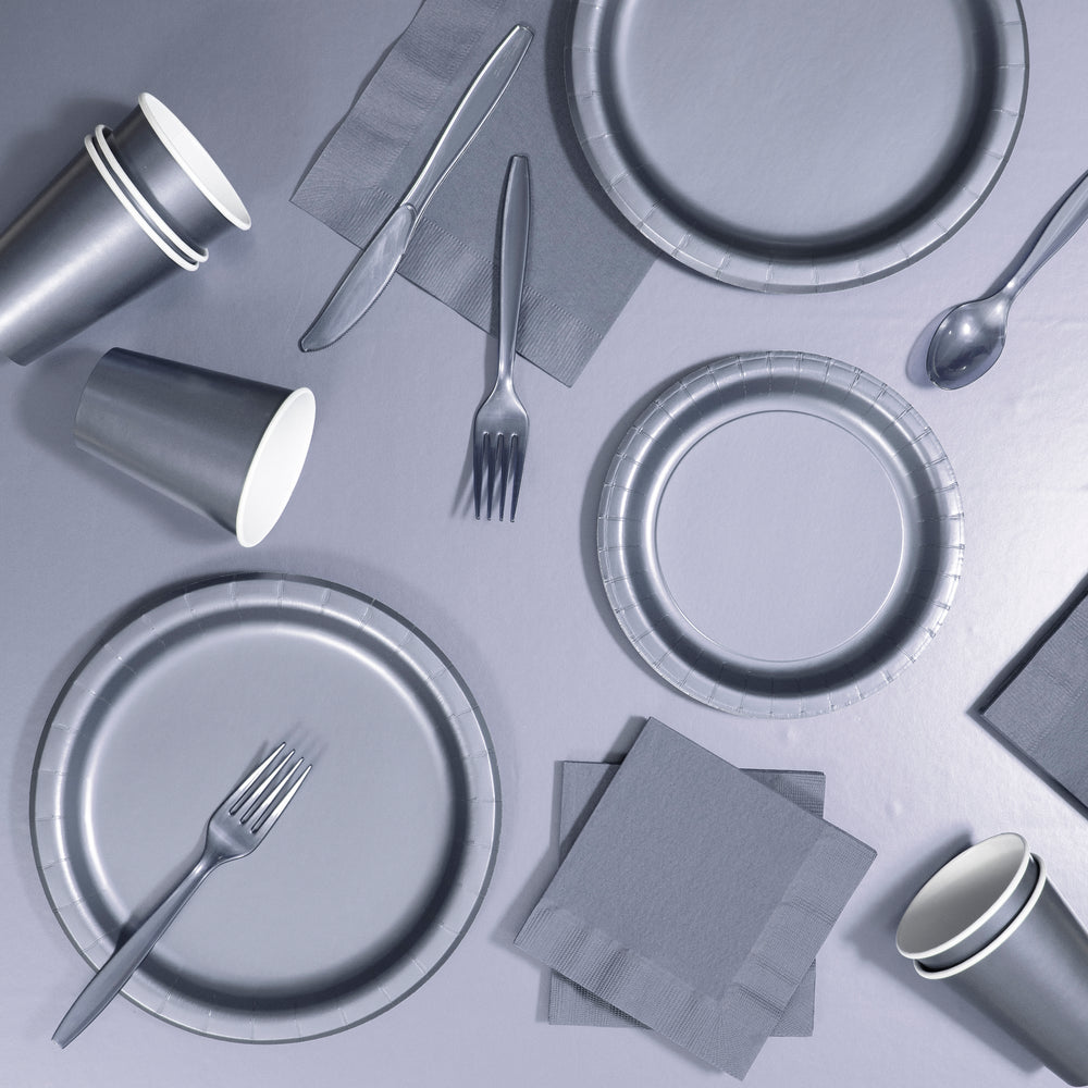 Shimmering Silver Plastic Spoons 24ct  | Solids