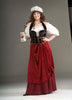 Red skirt, dark corset, blouse and hat