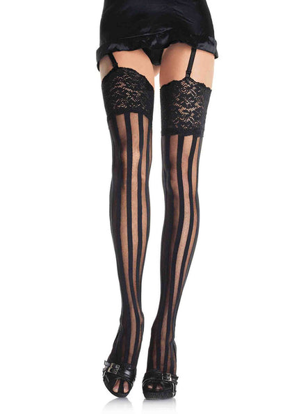 Lace Top Striped Thigh High Stockings