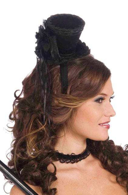 Black hat and headband with ribbon, flower and trim