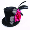 Black with striped ribbon, pink flower and black feather