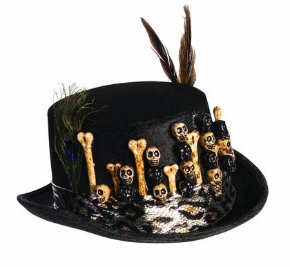 Voodoo top hat with bones, skulls and feathers