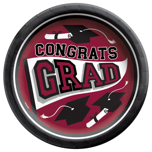True To Your School "Congrats Grad" Round Plates, 8 1/2" - Maroon 20ct