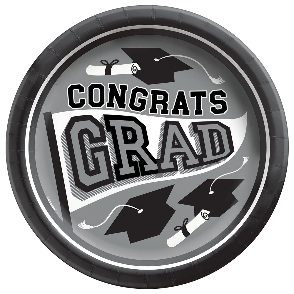 True To Your School "Congrats Grad" Round Plates, 8 1/2" - Silver 20ct
