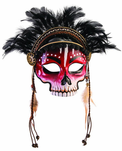 Voodoo half skull mask with feathers and painted details