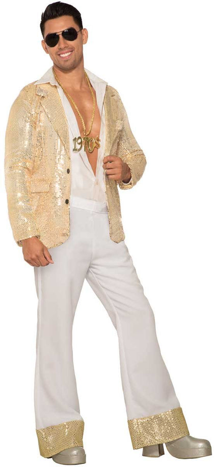 White with wide gold sequin trim on bottom of legs