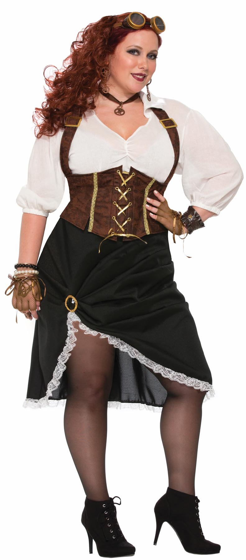 Brown corset and dress with light top and black skirt