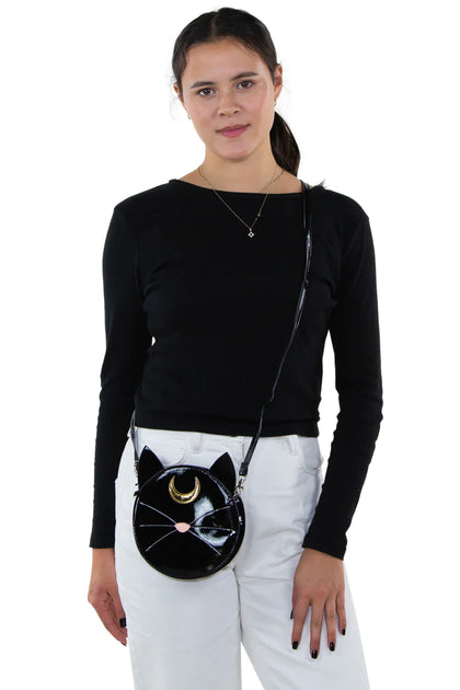 Mystical Black Cat Face Crossbody Bag In Vinyl | Halloween