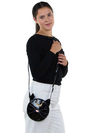 Mystical Black Cat Face Crossbody Bag In Vinyl | Halloween