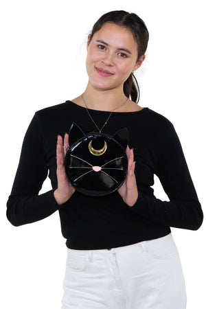 Mystical Black Cat Face Crossbody Bag In Vinyl | Halloween