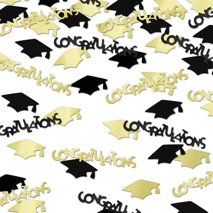 gold and black cap and congrats confetti