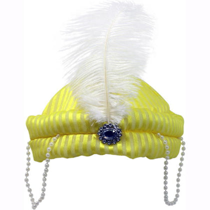 Yellow turban with feathers, jewel and pearls