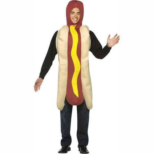 Hot dog has a strip of mustard