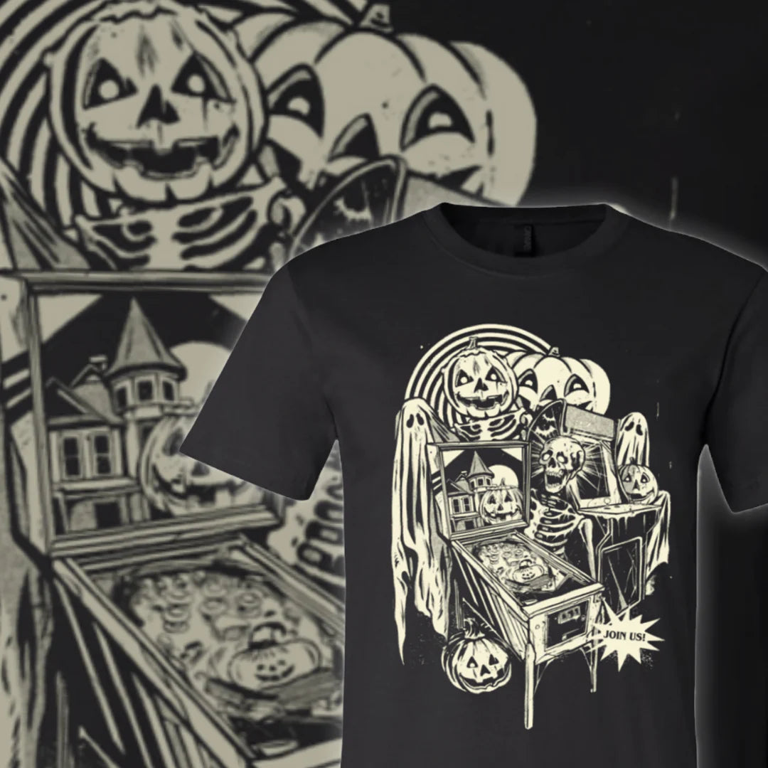 Monsters, pinball, and the arcade.  Oh, the nostalgia!  Unisex, Black  52/48 Airlume combed and ringspun cotton/polyester