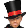Flared black top hat with red ribbon