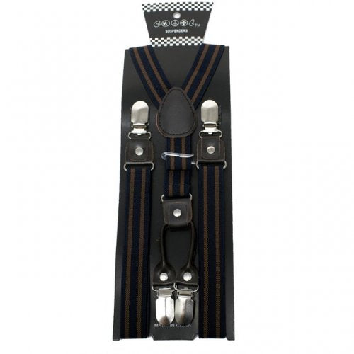 navy and brown suspenders