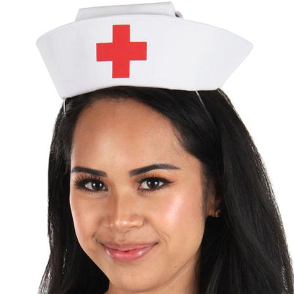 adult wearing nurses hat
