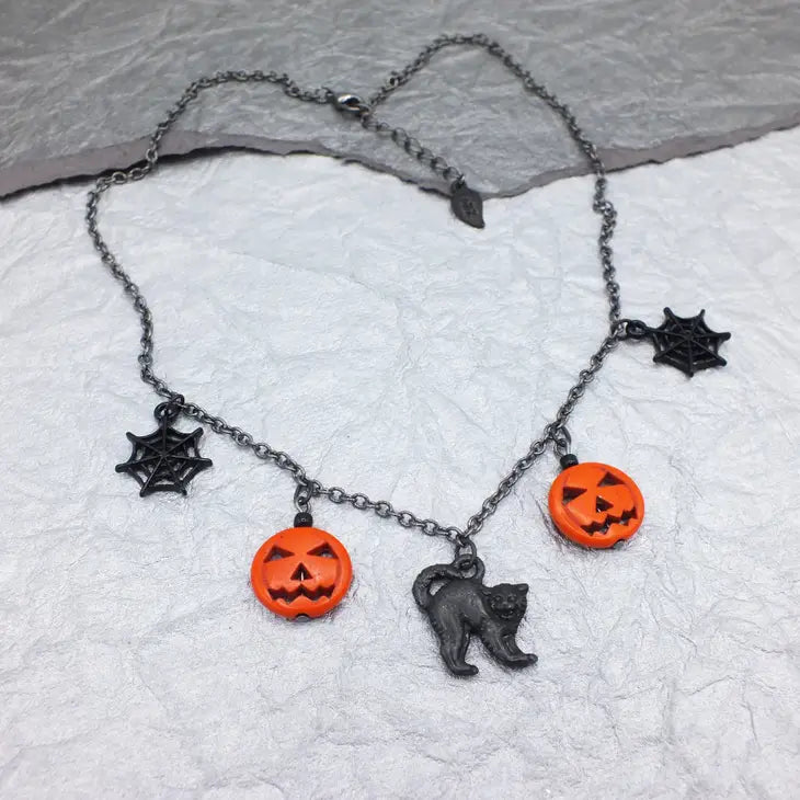 Pumpkin Cat & Web Necklace | Halloween