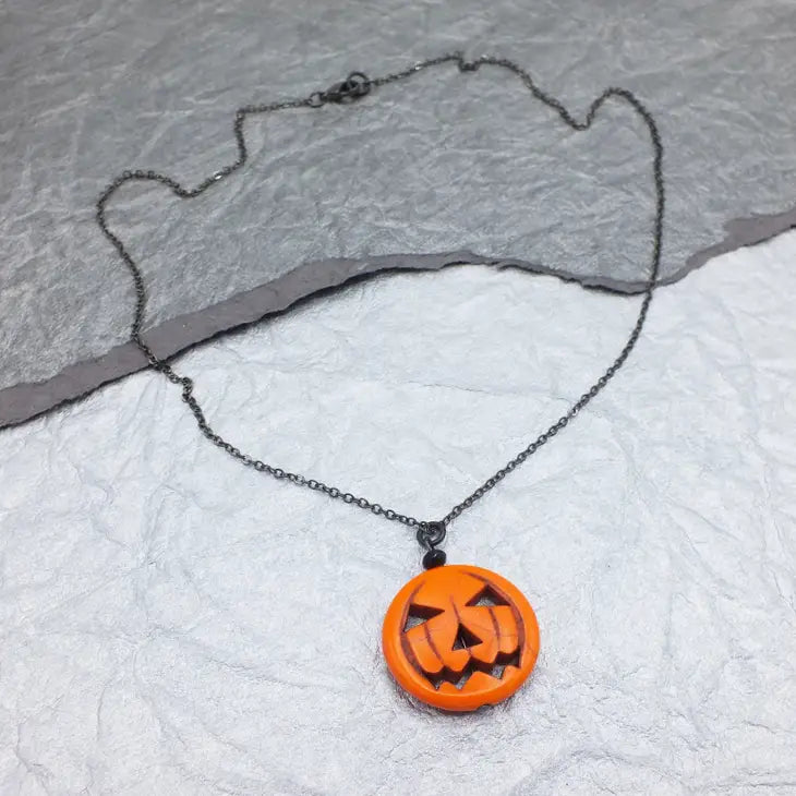 Dainty Chain Link Necklace With Enamel Halloween Pumpkin Pendant -  Approximately 16