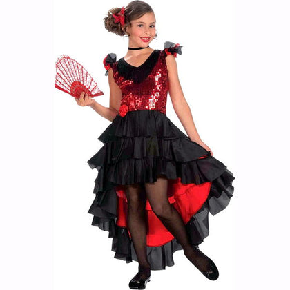 Red and black dress with sequins and ruffles