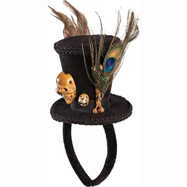 Top hat headband with feathers, skull and bones