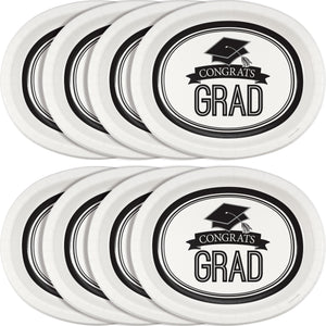 White Grad Oval Paper Platters 8ct | Graduation