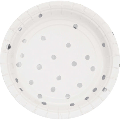 White and Silver Polka Dot 7in Plate 8ct | General Entertaining