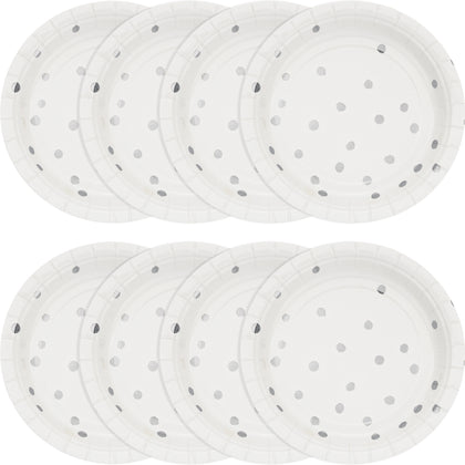 White and Silver Polka Dot 7in Plate 8ct | General Entertaining